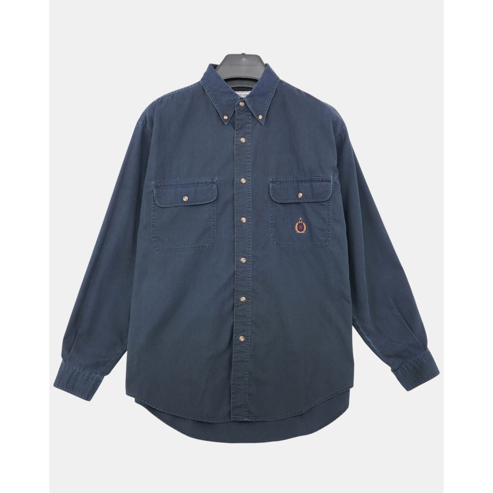 Vintage Bugle Boy Navy Blue Button-Down Shirt Men's L Double Pocket Crest